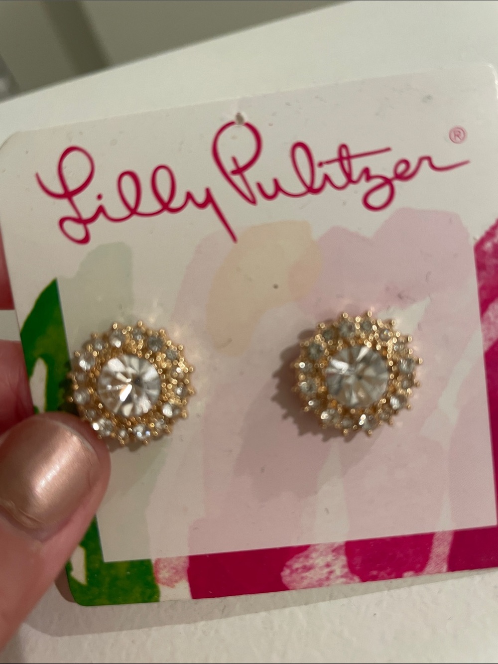 Lilly Pulitzer Gold and Clear Crystal Halo Stud Earrings like new - Picture 2 of 3